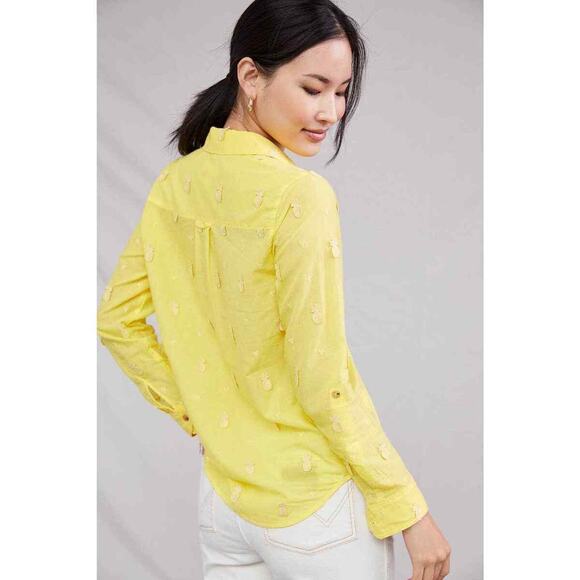 Anthropologie Maeve Pineapple Buttondown Women's Blouse Top 2 Yellow Embroidered - Picture 4 of 7
